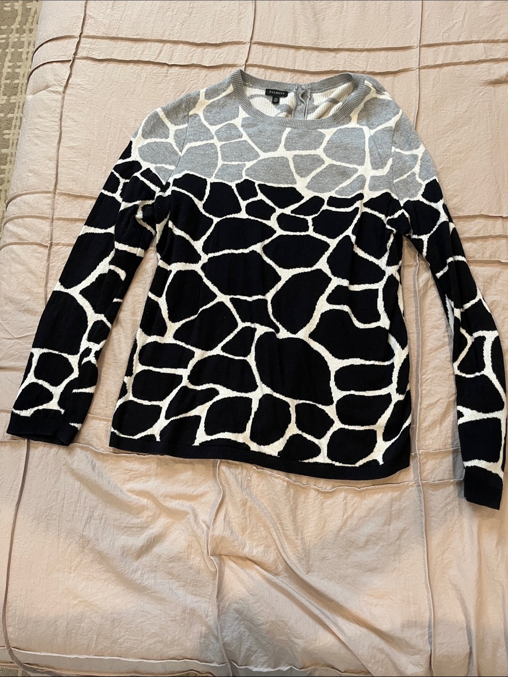 Talbots Black White and Light Gray Giraffe-Pattern Crewneck Sweater